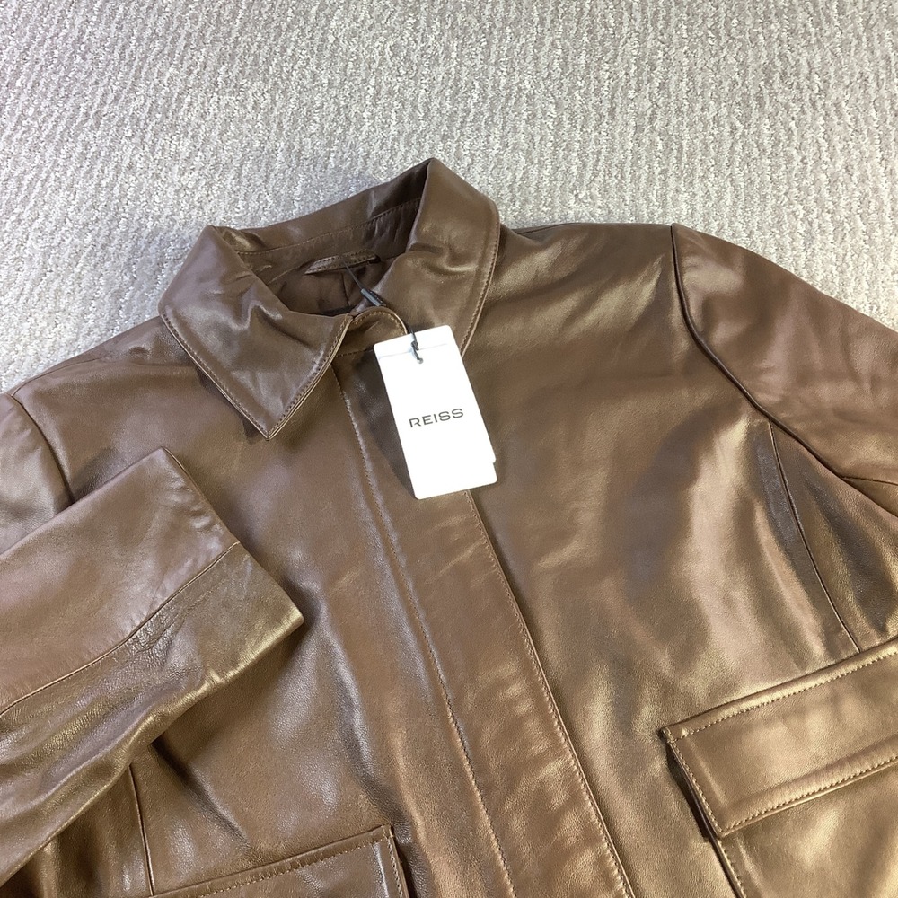 REISS‎ Drew Clean Leather Ctropped Jacket Mocha Brown Size 10 NWT